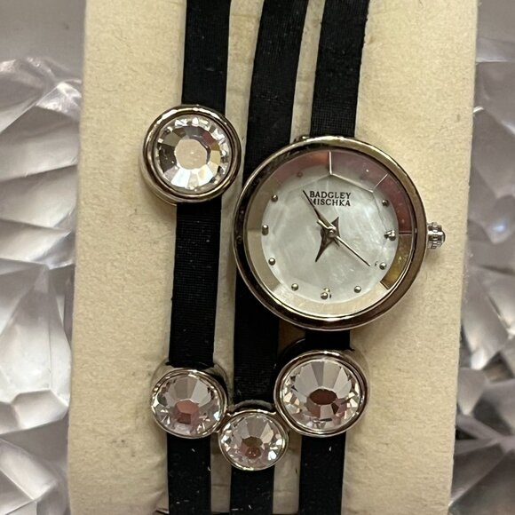 Badgley Mischka Black Leather Band with crystals Watch - Picture 3 of 10